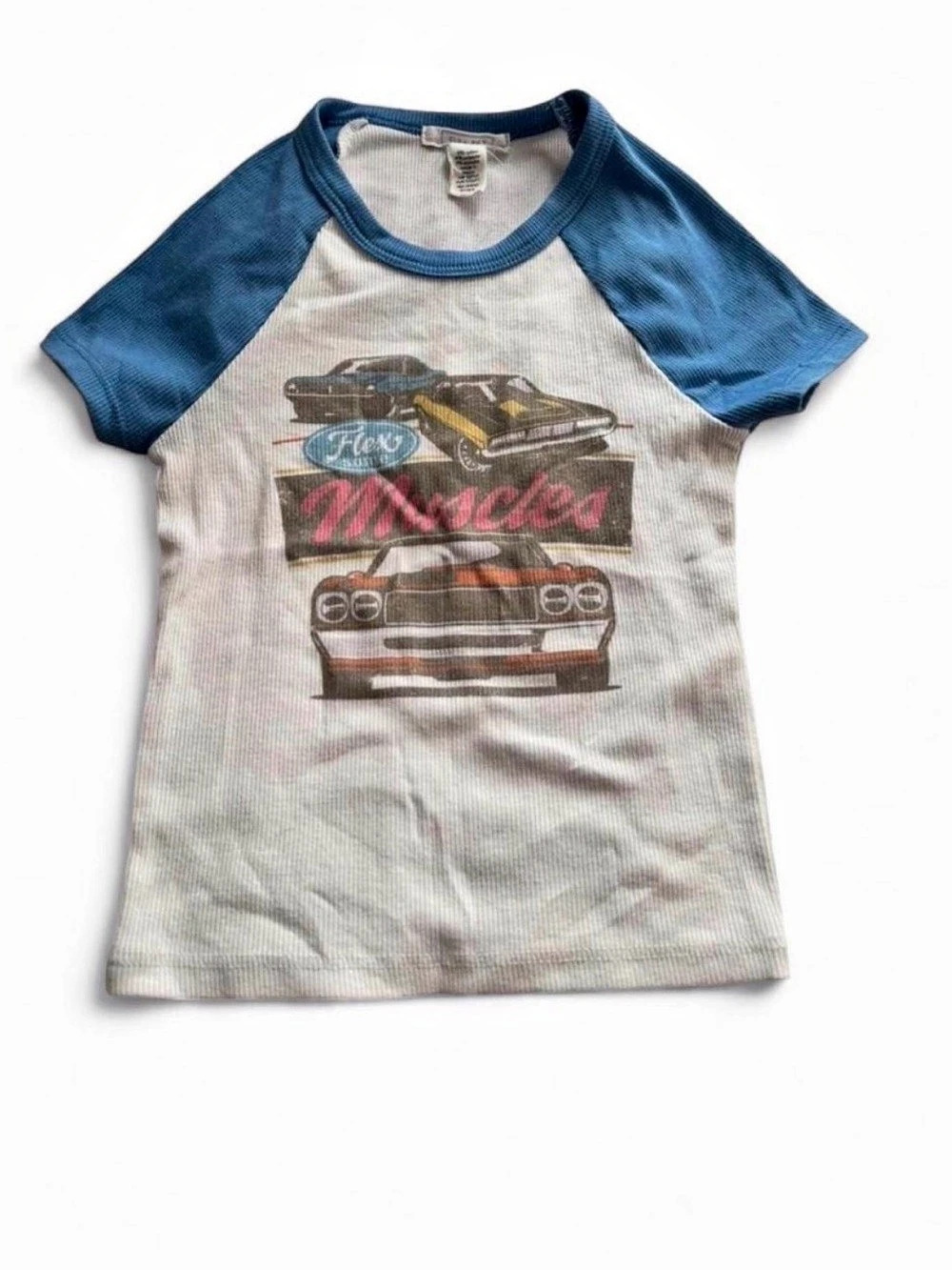 Ford Mustang muscle car graphic tee with blue sleeves!